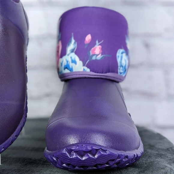 Wet weather rubber boots, rain, gardening, neoprene roll down purple floral 10 - Picture 7 of 15